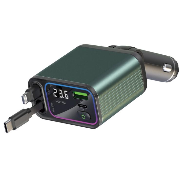 Dual Retractable Cable Auto Stowage Running Ambient Light Voltage Display Car Charger — Type-C+Type-C