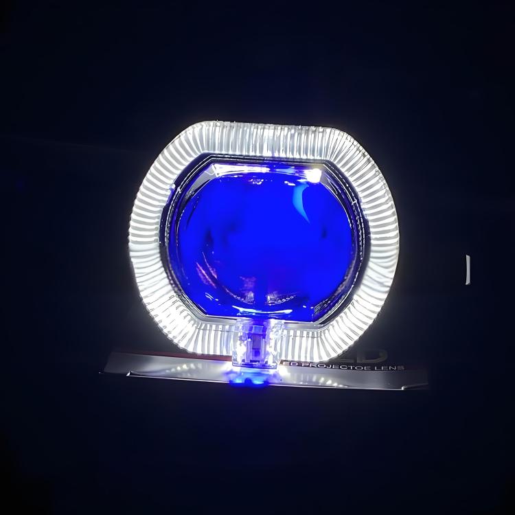 2.5 inch Motorcycle Electric Bike Car Universal Built-in LED Headlight Spot Lens Far and Near Spotlight — Blue Aperture+Red Devil Eye