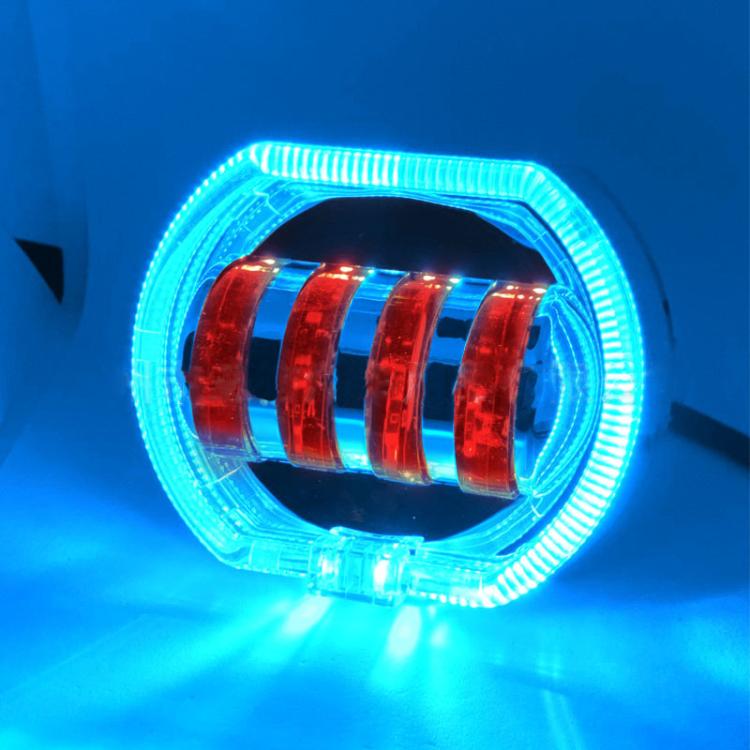 Motorcycle Electric Vehicle General Modification LED Headlight 4 Beads Double Lens Lamps — Blue Aperture+Red Devil Eye