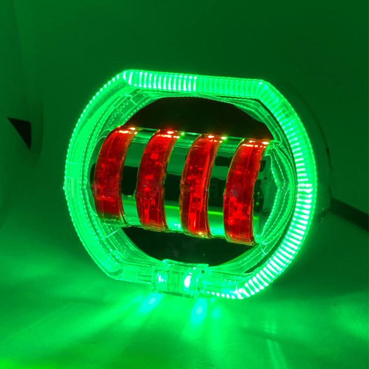 Motorcycle Electric Vehicle General Modification LED Headlight 4 Beads Double Lens Lamps — Ice Blue Aperture+Red Devil Eye