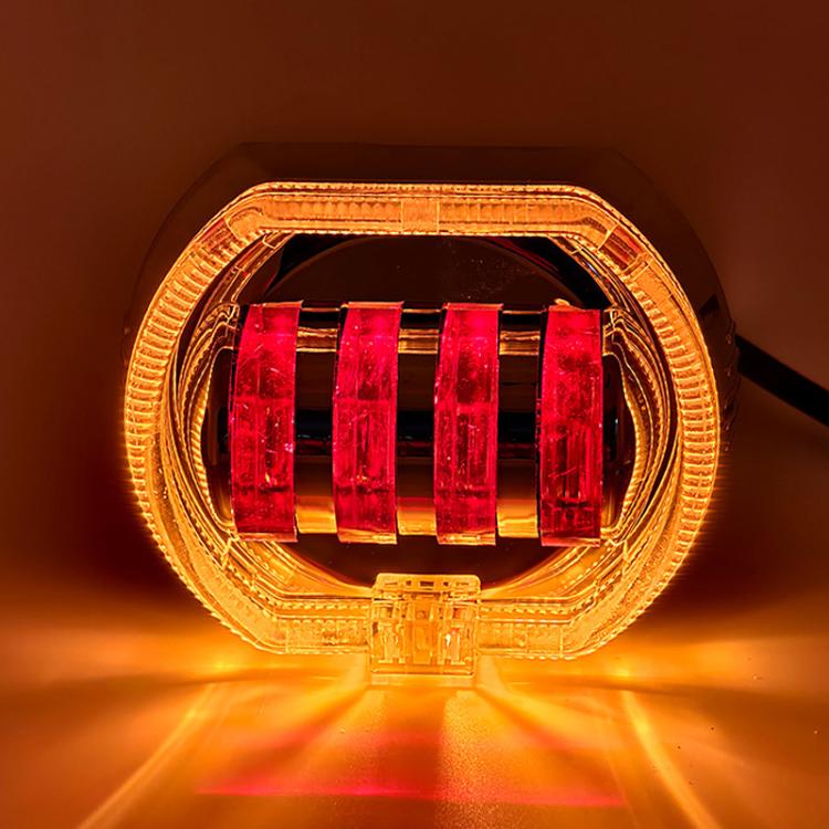 Motorcycle Electric Vehicle General Modification LED Headlight 4 Beads Double Lens Lamps — Green Aperture+Red Devil Eye