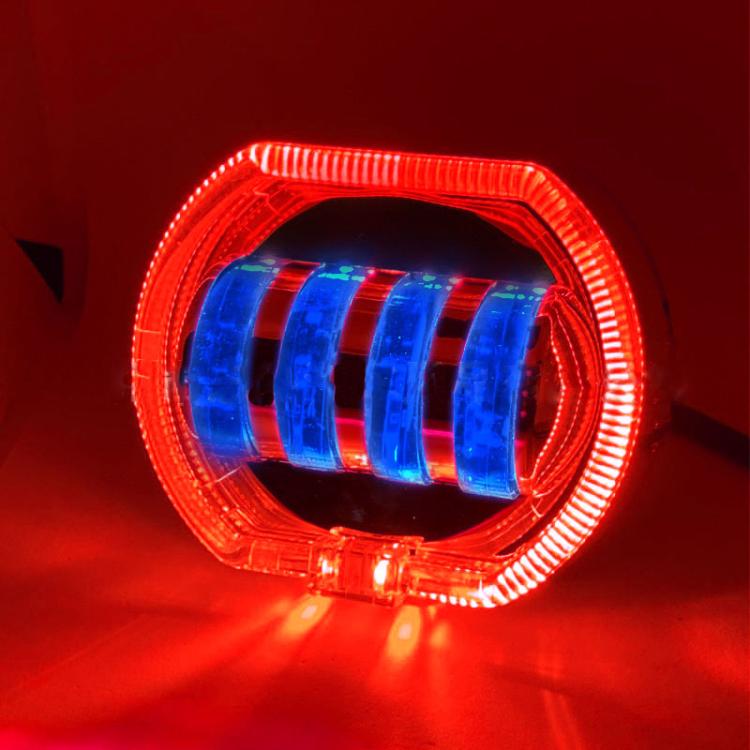 Motorcycle Electric Vehicle General Modification LED Headlight 4 Beads Double Lens Lamps — White Aperture+Blue Devil Eye
