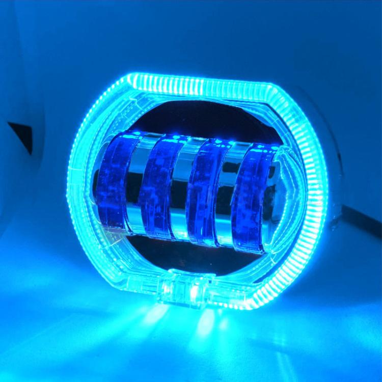 Motorcycle Electric Vehicle General Modification LED Headlight 4 Beads Double Lens Lamps — Red Aperture+Blue Devil Eye