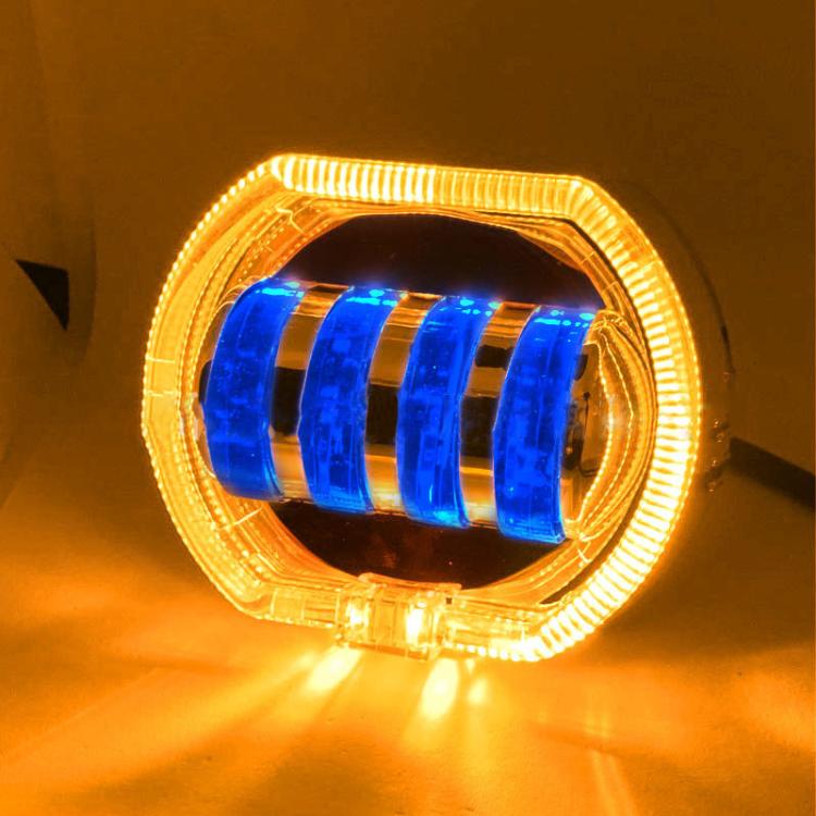 Motorcycle Electric Vehicle General Modification LED Headlight 4 Beads Double Lens Lamps — Green Aperture+Blue Devil Eye