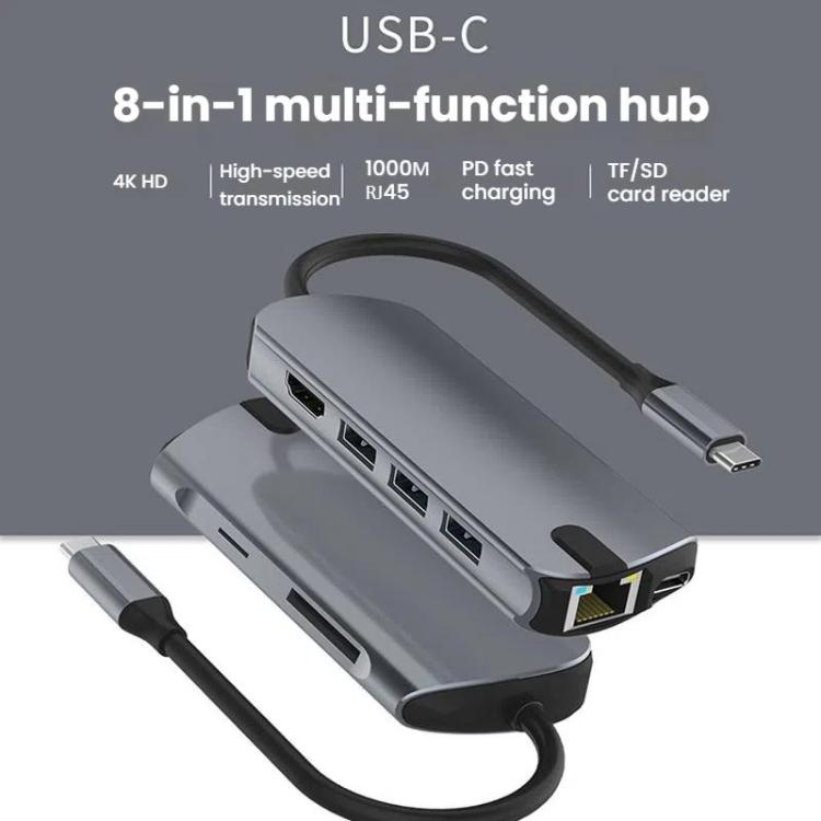 8-In-1 USB-C/Type-C Gigabit Ethernet Port Docking Station Hub — HDMI 4K 60Hz