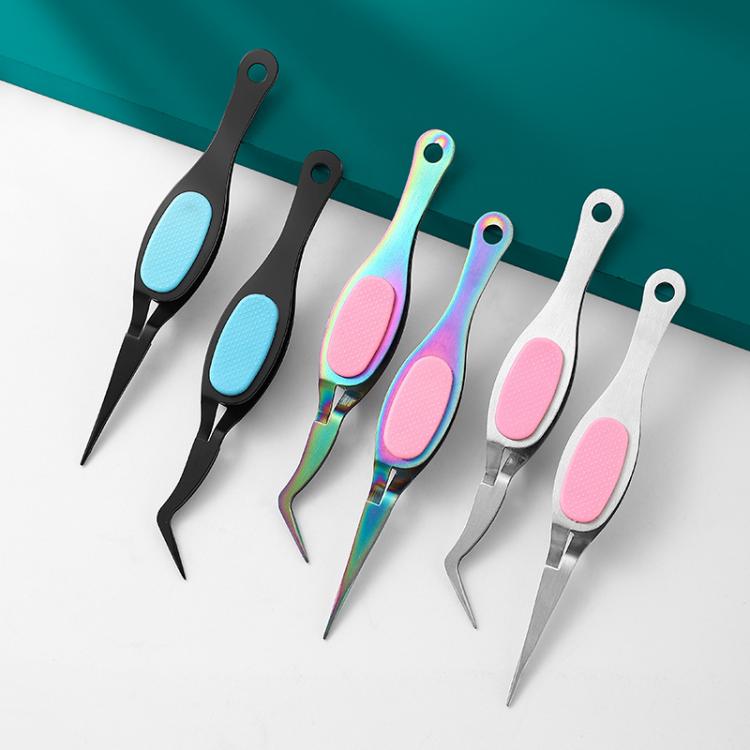 Stainless Steel Reverse Tweezers False Eyelash Nail Positioning DIY Reverse Clip — Tip Original Color+Pink