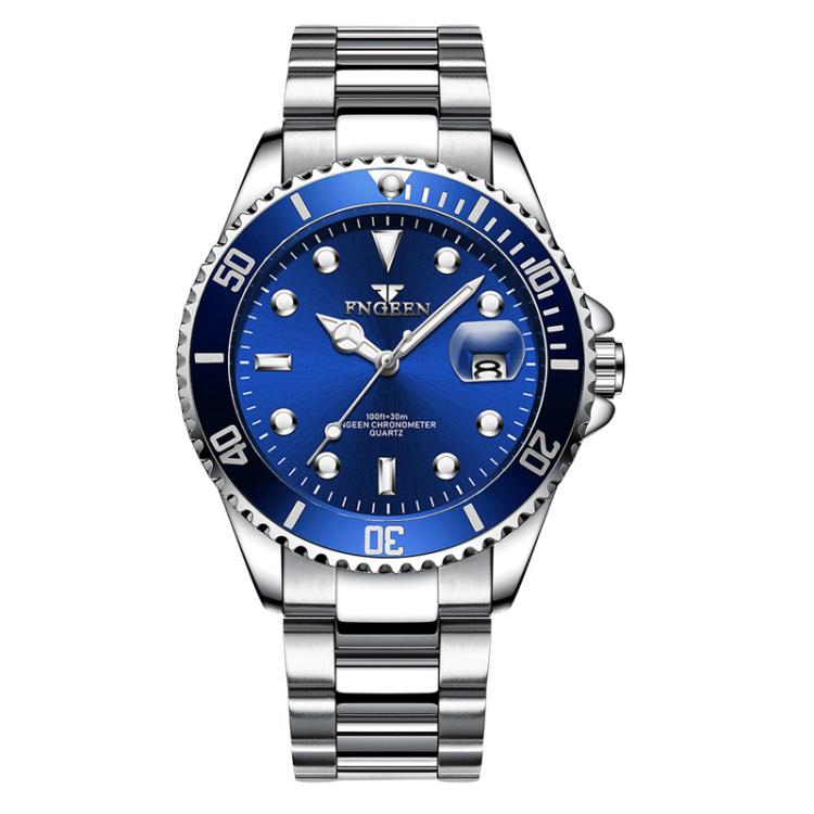 FNGEEN S925 Men Luminous Quartz Watch Sporty Steel Calendar Watch — White Steel-Black-Surface