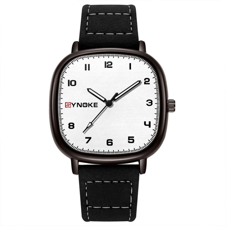 SYNOKE Men Quartz Watch Sport Retro Simple Leather Strap Quartz Watch Teenage Student Wristwatch — Black