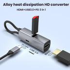 USB3.0+PD+HDMI 3 In 1 Docking Station 4K Projector Adapter — Black