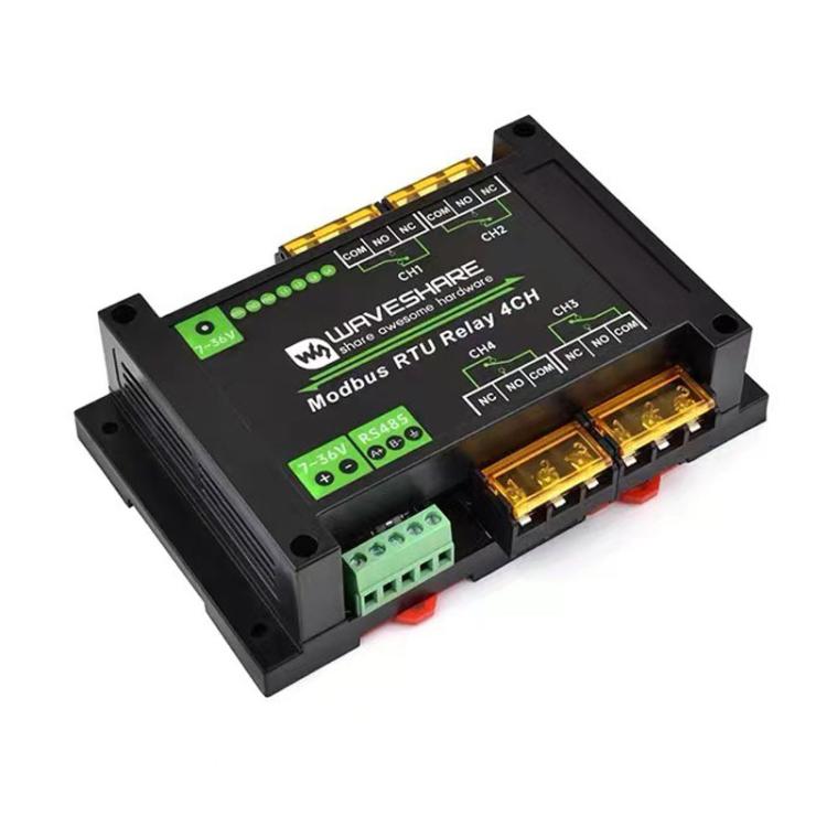 Waveshare Guide-Type 4-Way RS485 High-Current Relay Module, Modbus RTU Protocol