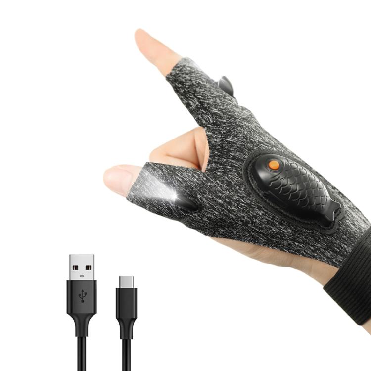 Night Riding Lighting Car Repair Fish Rechargeable LED Light Gloves — Sisal Gray-Left Hand