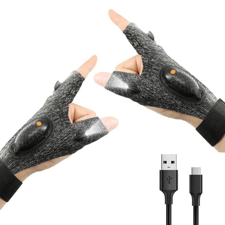 Night Riding Lighting Car Repair Fish Rechargeable LED Light Gloves — Sisal Gray-Right Hand