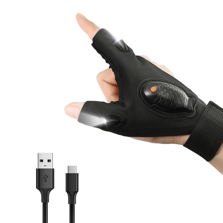 Night Riding Lighting Car Repair Fish Rechargeable LED Light Gloves — Black-Left Hand