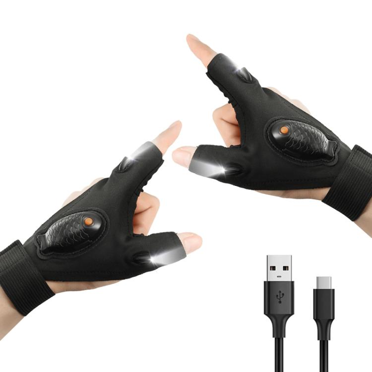 Night Riding Lighting Car Repair Fish Rechargeable LED Light Gloves — Black-Right Hand