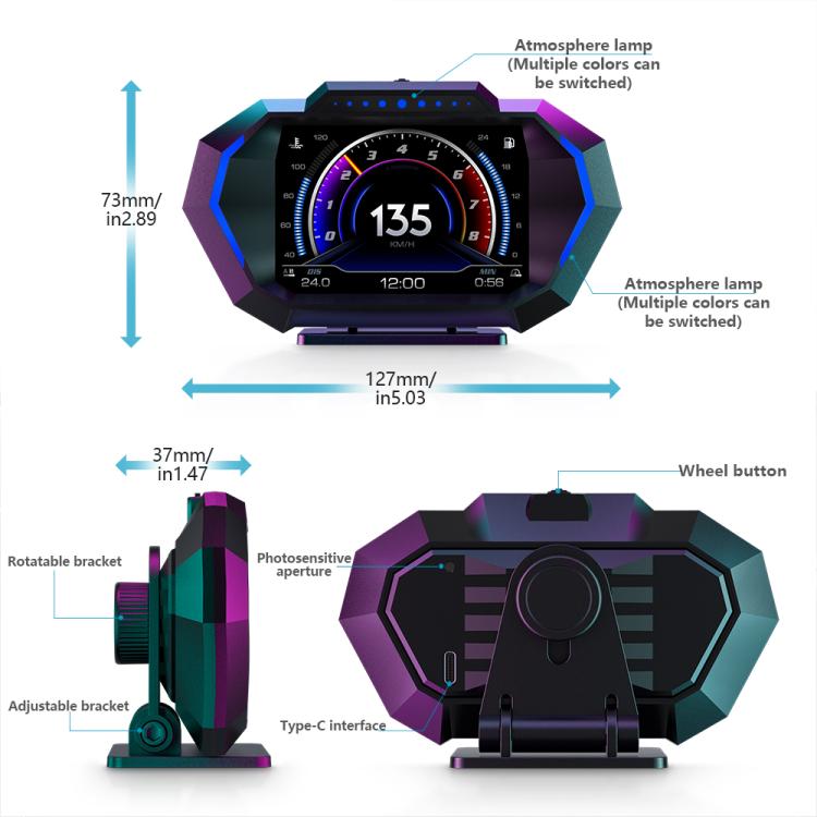 P24 Multifunctional Car HUD Head-up Display OBD+GPS Digital Speedometer Slope Meter