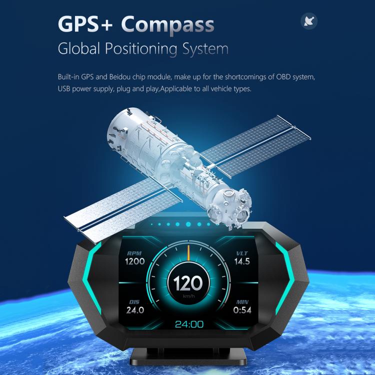 P24 Multifunctional Car HUD Head-up Display OBD+GPS Digital Speedometer Slope Meter