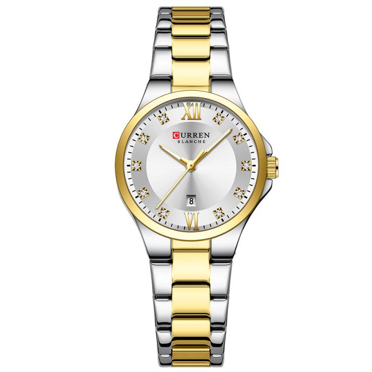 Curren Casual Steel Strap Ladies Calendar Watch — White Case Blue