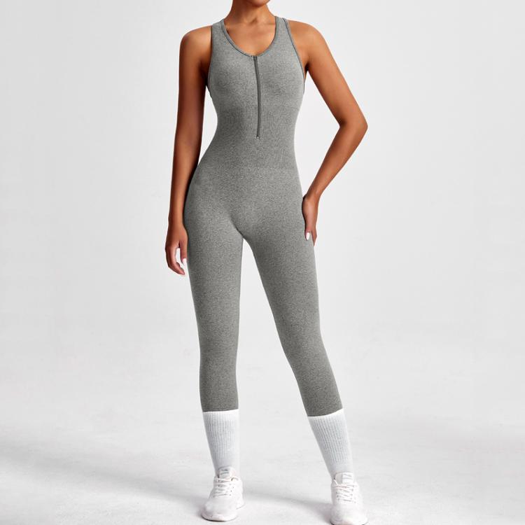 Women Backless Long Yoga Bodysuit with Front Zipper - Waist Cinching & Hip Lifting for Running, Fitness, Workout
