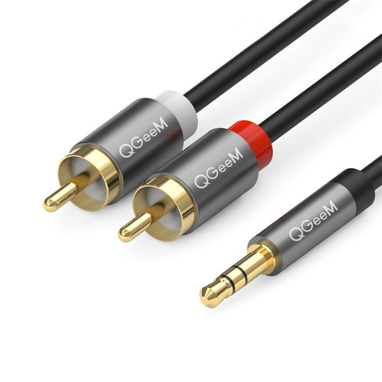 QGeeM 2RCA to 3.5mm Jack Audio Cable Gold-Plated Stereo Aux Cord for Home Theater, DVD Player, Hi-Fi Systems — 1m