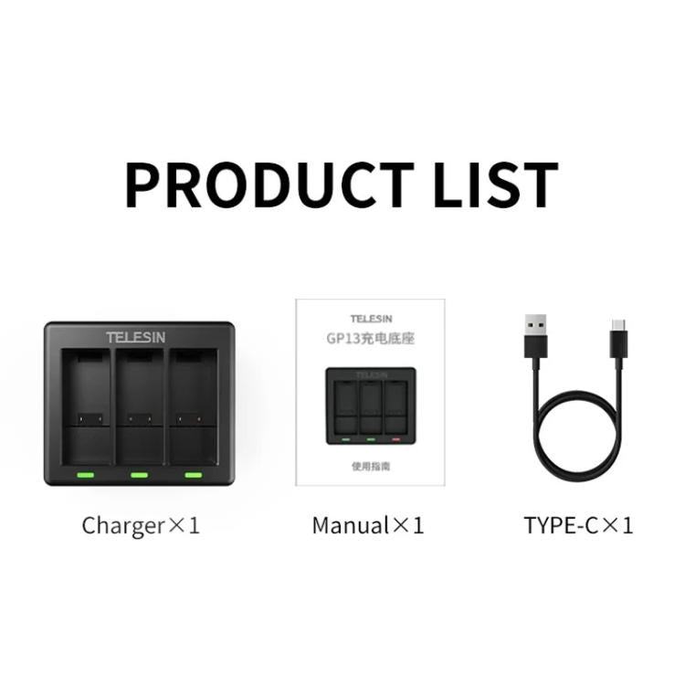 For GoPro HERO13 Black TELESIN 3 Slots Charging Base Action Camera Accessories