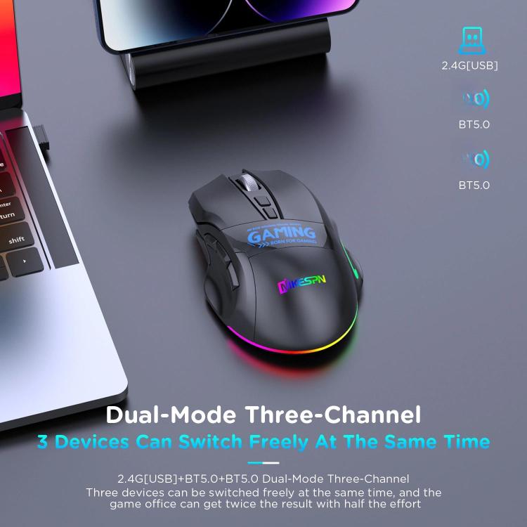 MKESPN W10 Tri-Mode Wireless Gaming Mouse 2400DPI with 9 Programmable Buttons, RGB Lighting, Type-C Rechargeable — view 4