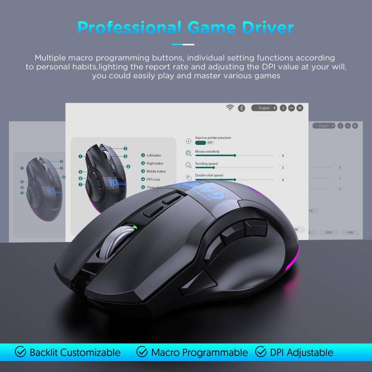 MKESPN W10 Tri-Mode Wireless Gaming Mouse 2400DPI with 9 Programmable Buttons, RGB Lighting, Type-C Rechargeable — view 7