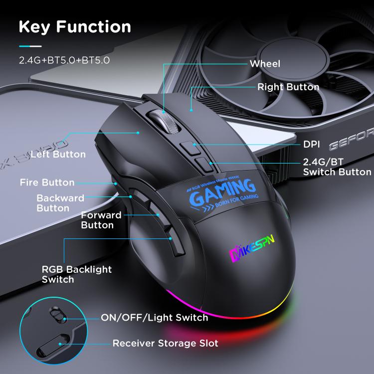 MKESPN W10 Tri-Mode Wireless Gaming Mouse 2400DPI with 9 Programmable Buttons, RGB Lighting, Type-C Rechargeable — view 9