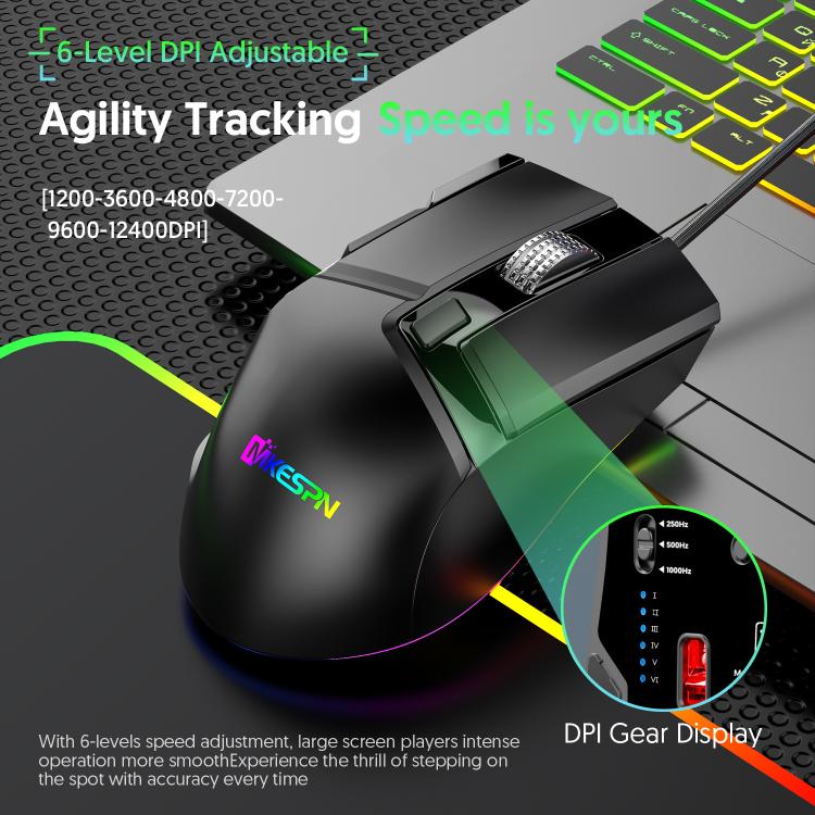 MKESPN X13 RGB Full Speed Wired Gaming Mouse 12400 DPI 10-Key Dual Scroll Wheel Swing Macro Programmable Mouse