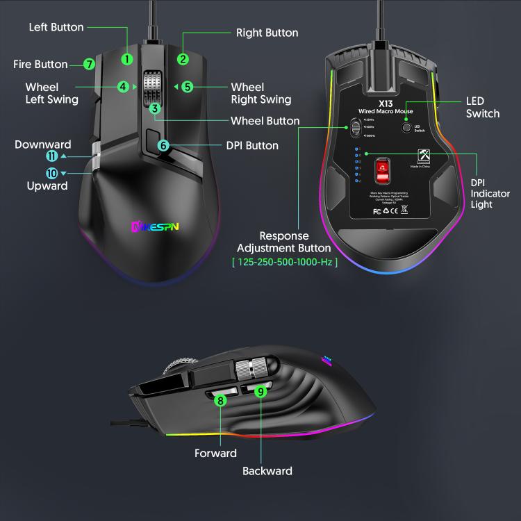 MKESPN X13 RGB Full Speed Wired Gaming Mouse 12400 DPI 10-Key Dual Scroll Wheel Swing Macro Programmable Mouse