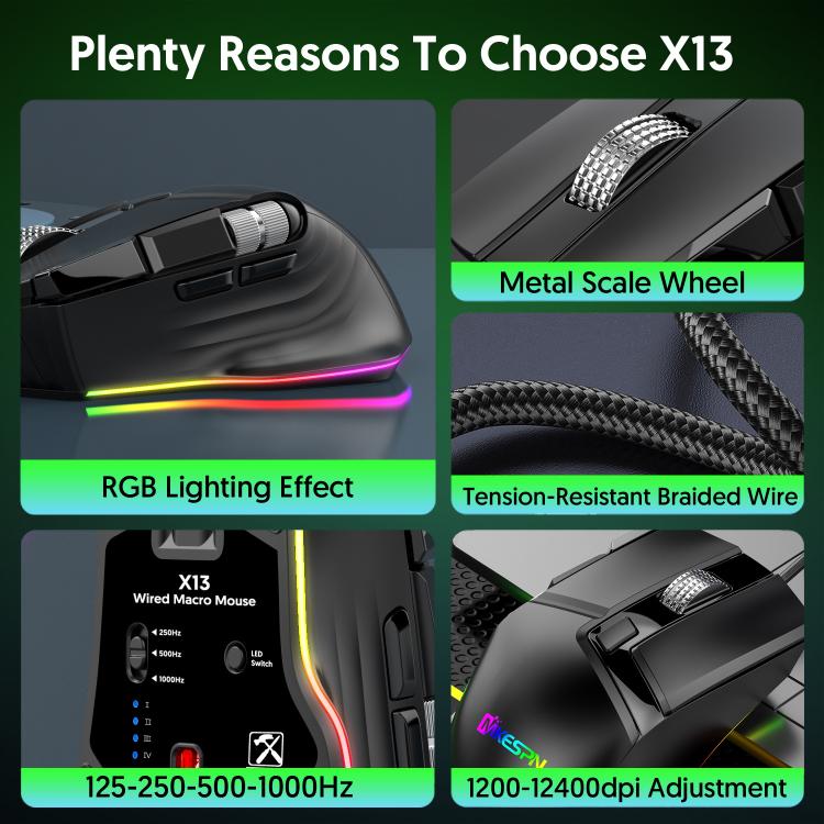 MKESPN X13 RGB Full Speed Wired Gaming Mouse 12400 DPI 10-Key Dual Scroll Wheel Swing Macro Programmable Mouse