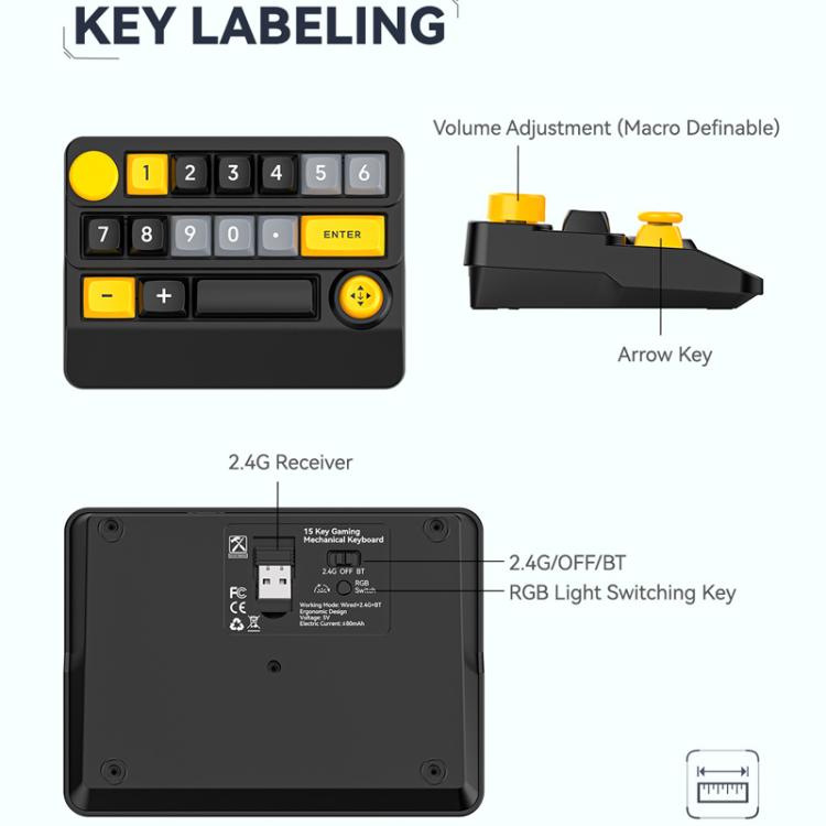15-Key Wireless Tri-Mode Mechanical Gaming Keyboard Hot-Swappable, RGB Backlit, Macro Programmable