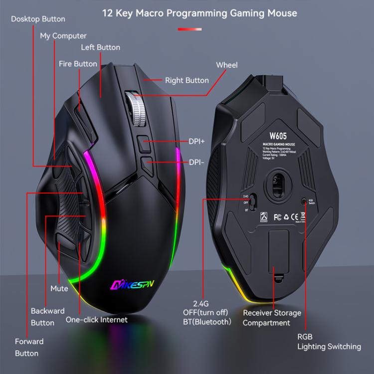 MKESPN W605 Triple-Mode 24000 DPI 12-key Wireless Gaming Mouse Macro Customization — view 9