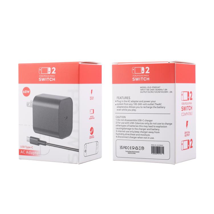 For Nintendo Switch 2 Fast Charger 60W Power Adapter Wall Plug With USB-C Cable