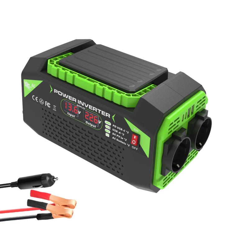 Gurxun Car Pure Sine Wave Inverter Dual AC Sockets + 2 USB + 2 Type-C Ports Outdoor Car Power Converter — 300W EU Plug