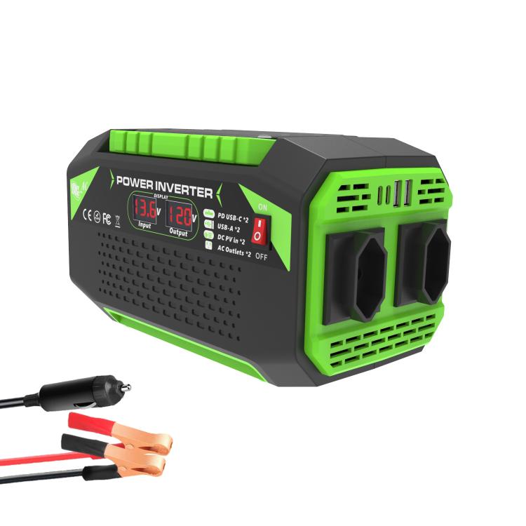 Gurxun Car Pure Sine Wave Inverter Dual AC Sockets + 2 USB + 2 Type-C Ports Outdoor Car Power Converter — 500W US Plug