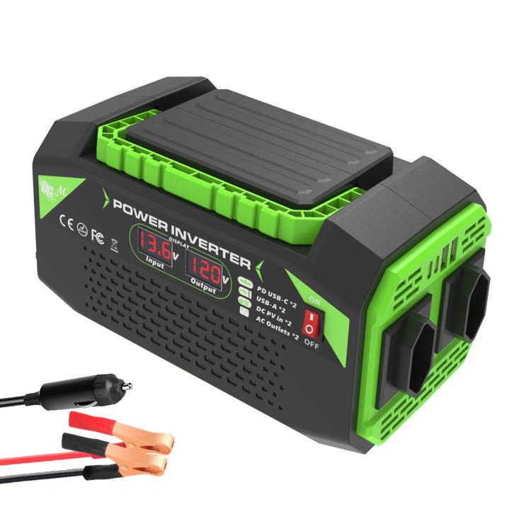Gurxun Car Pure Sine Wave Inverter Dual AC Sockets + 2 USB + 2 Type-C Ports Outdoor Car Power Converter — 300W Brazil Plug 12V To 220V