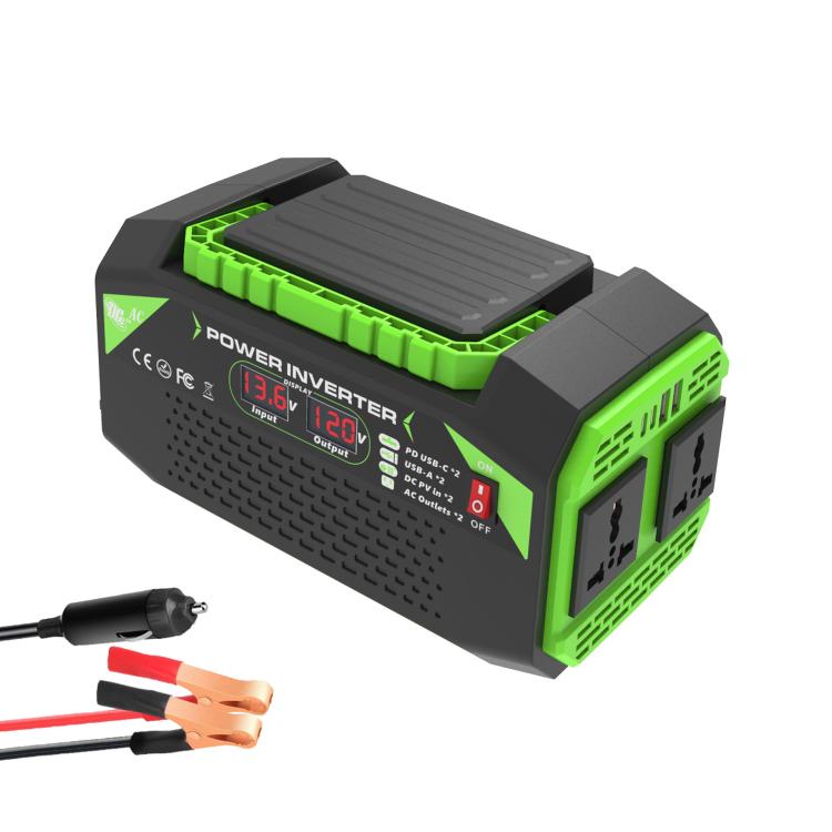 Gurxun Car Pure Sine Wave Inverter Dual AC Sockets + 2 USB + 2 Type-C Ports Outdoor Car Power Converter — 500W Brazil Plug 12V To 220V