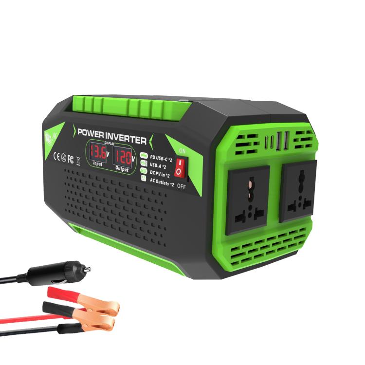 Gurxun Car Pure Sine Wave Inverter Dual AC Sockets + 2 USB + 2 Type-C Ports Outdoor Car Power Converter — 300W Universal Socket 12V To 220V