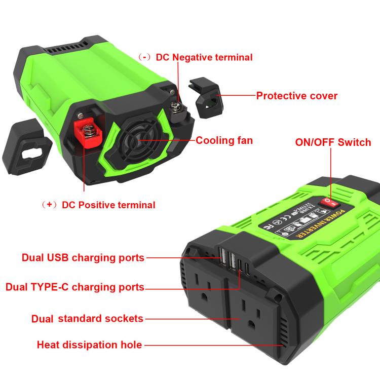 Gurxun 200W Modified Wave Inverter With 18W Solar Panel + 30A Controller Dual Socket + 2 USB + 2 Type-C Ports