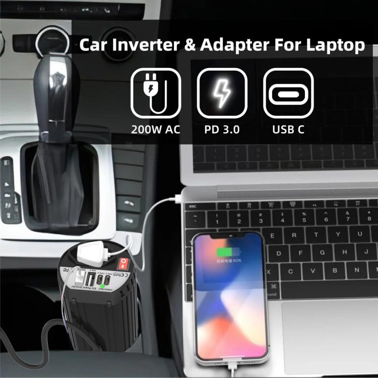 Gurxun 200W Modified Wave Intelligent Car Inverter Dual USB + Dual Type-C Port Car Power Converter