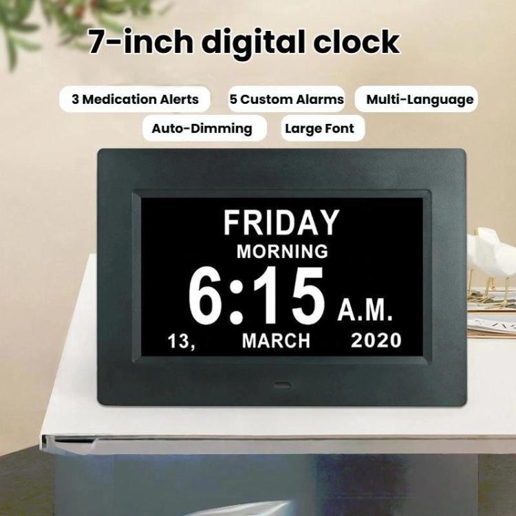 7-inch Digital Frame Calendar Day Clock With 3 Medication Alerts, 5 Custom Alarms, Multi-Language Support — UK Plug Black