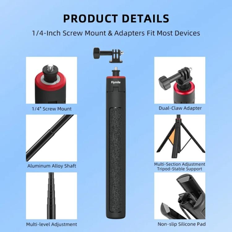 Extendable Selfie Stick Tripod For Action Cameras One-Button Quick Setup Monopod With Wide-Angle View