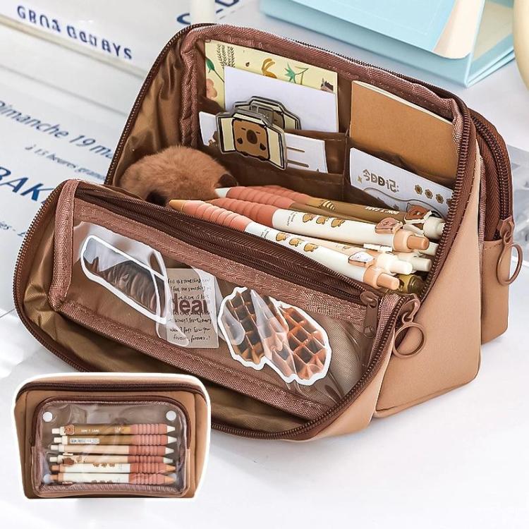 Large Capacity Pen Pouch With Detachable Transparent Layer Simple Stationery Pouch For Students — Beige