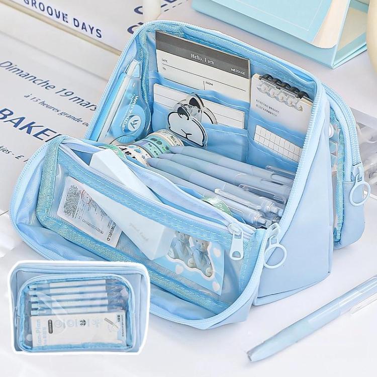 Large Capacity Pen Pouch With Detachable Transparent Layer Simple Stationery Pouch For Students — Coffee