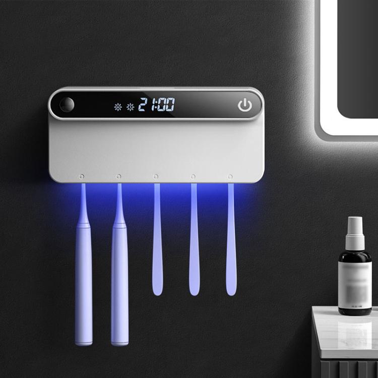 Smart UV Toothbrush Sterilizer and Dryer with Human Sensor, Time Display, USB-C Fast Charging, No-Drill Wall-Mounted Holder — Black