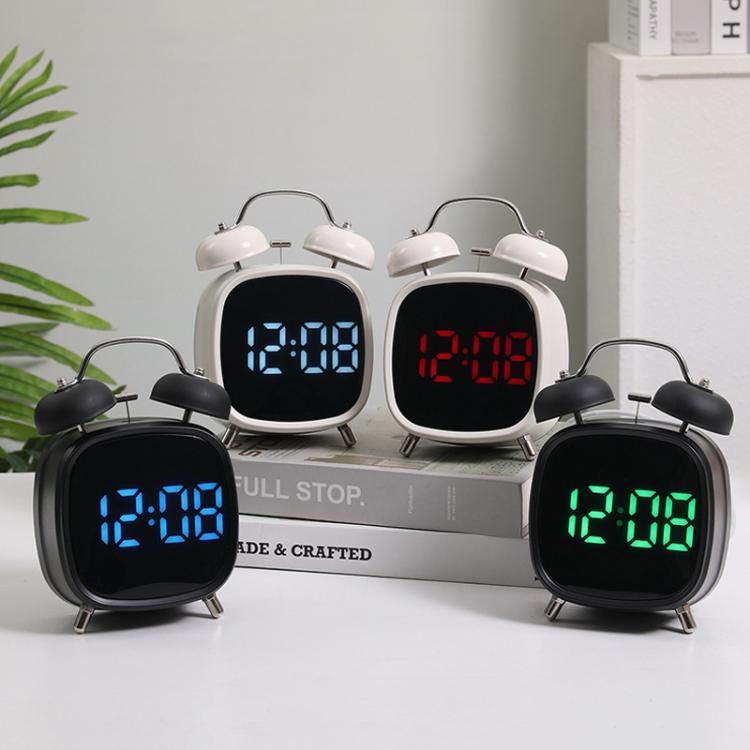 Loud Metal Powerful Ringing Clock LED Multifunction Clock — White Shell Red Light