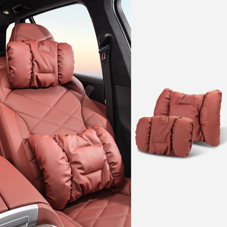 Car Stain-Resistant Leather Headrest Car Neck Pillow Lumbar Cushion Set — Headrest+Backrest Brwon