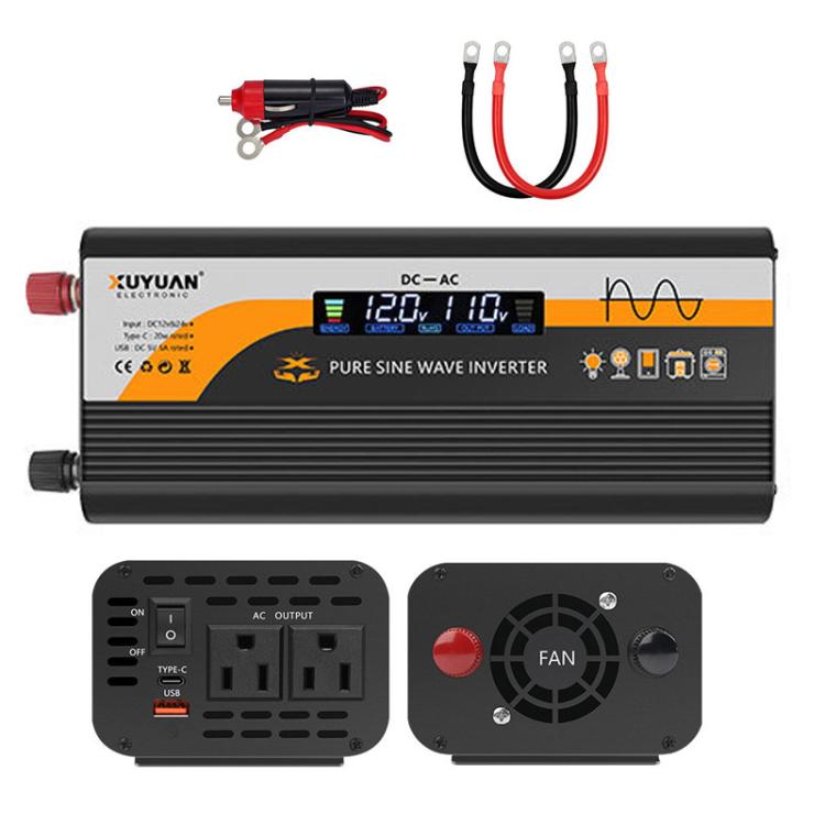 XUYUAN 12V / 24V To 110V Pure Sine Wave Inverter Power Inverter US Plug — 1400W Black