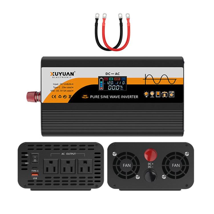 XUYUAN 12V / 24V To 110V Pure Sine Wave Inverter Power Inverter US Plug — 2000W Black