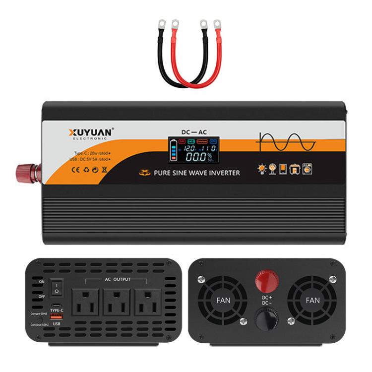 XUYUAN 12V / 24V To 110V Pure Sine Wave Inverter Power Inverter US Plug — 3000W Black
